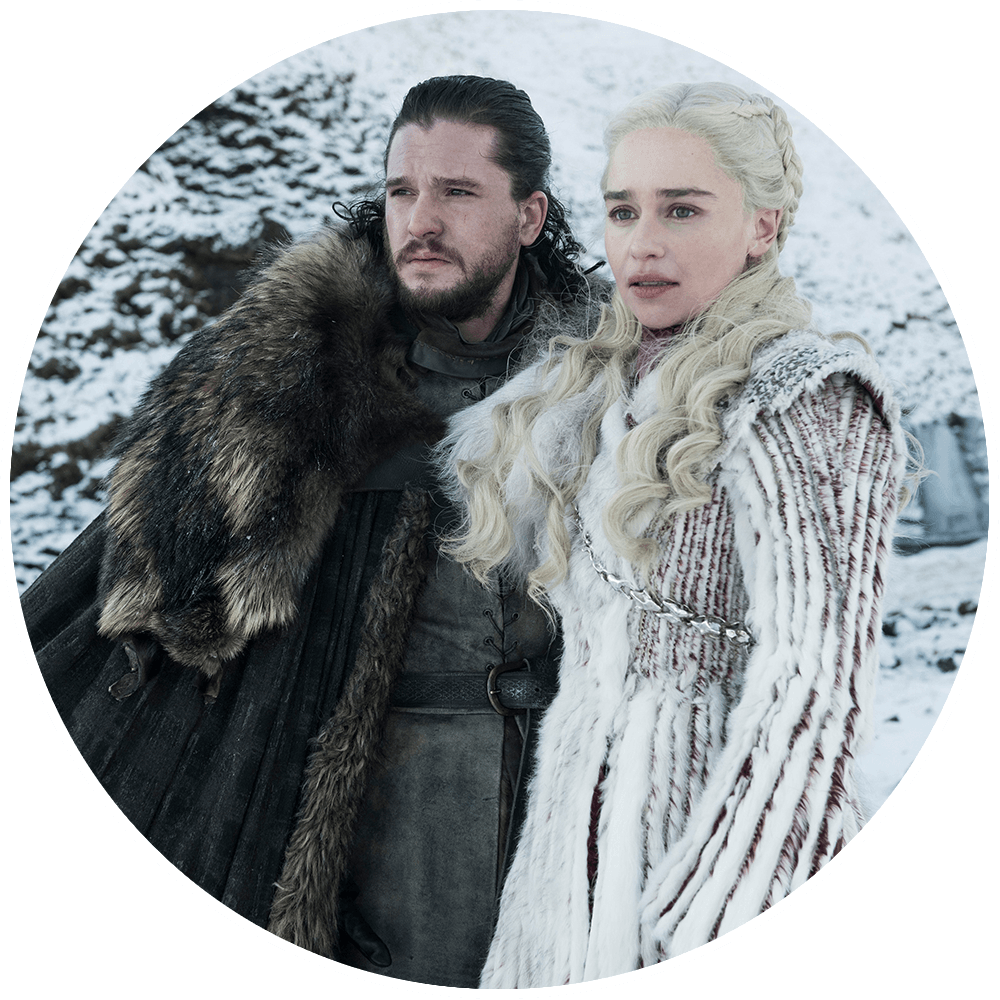 Kit Harington as Jon Snow, and Emilia Clarke as Daenerys Targaryen in Game of Thrones: Season 8