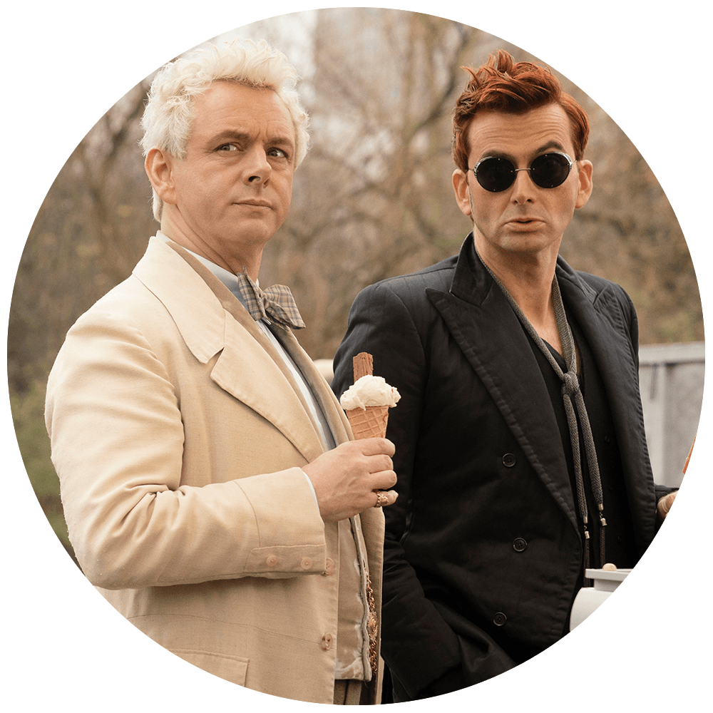 Michael Sheen as Aziraphale, and David Tennant as Crowley in Good Omens