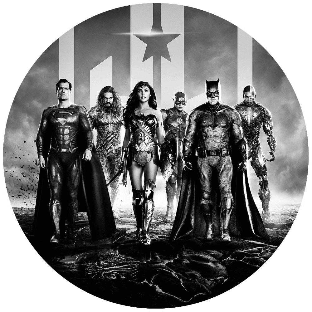 Henry Cavill as Superman, Jason Momoa as Aquaman, Gal Gadot as Wonder Woman, Ezra Miller as The Flash, Ben Affleck as Batman, and Ray Fisher as Cyborg in Justice League Snyder Cut