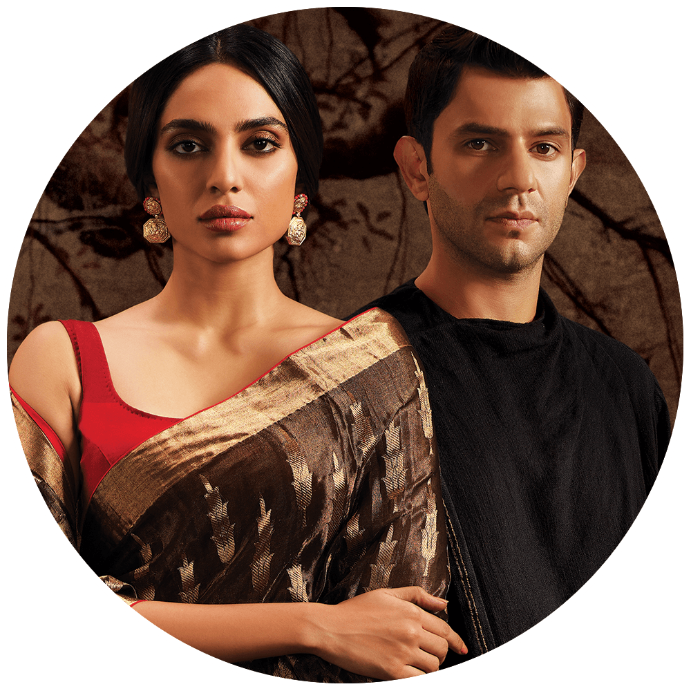 Sobhita Dhulipala as Tara Khanna, and Arjun Mathur as Karan Mehra in a Made in Heaven poster