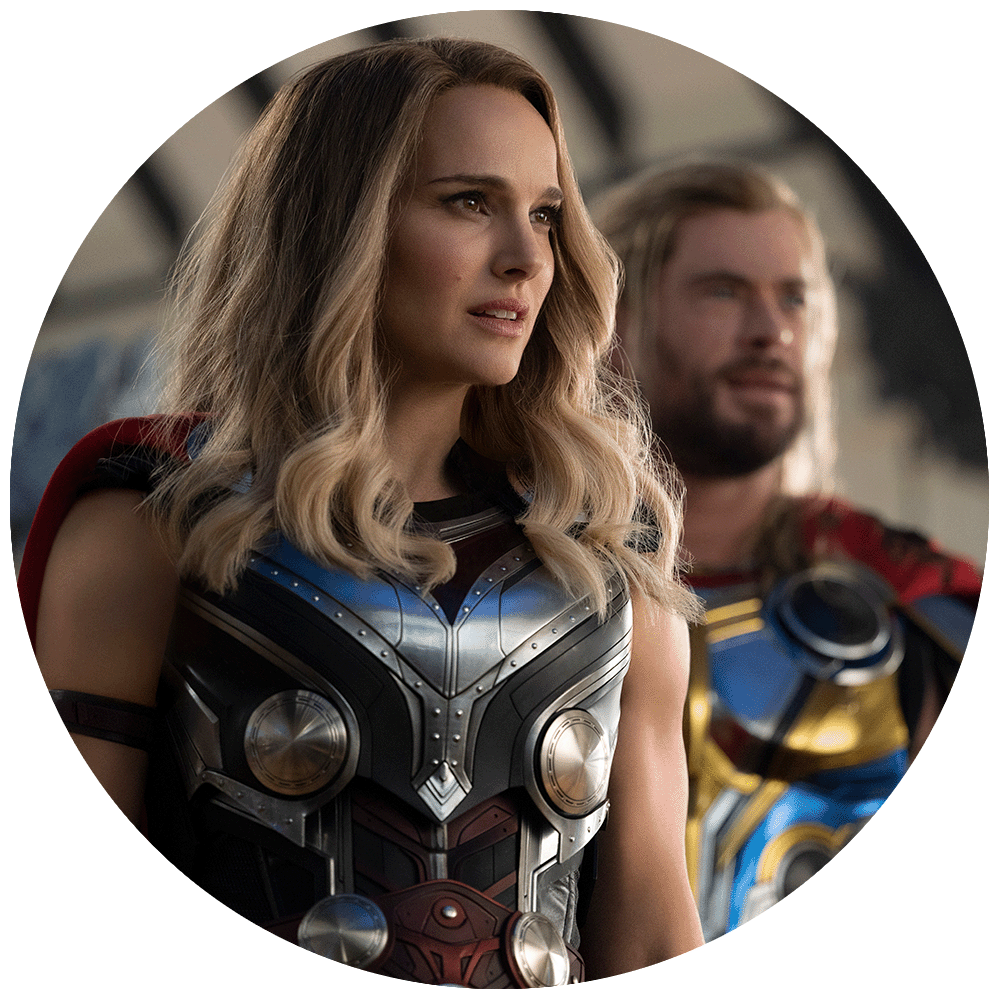 Natalie Portman as Jane Foster/Mighty Thor, and Chris Hemsworth as Thor in Thor: Love and Thunder