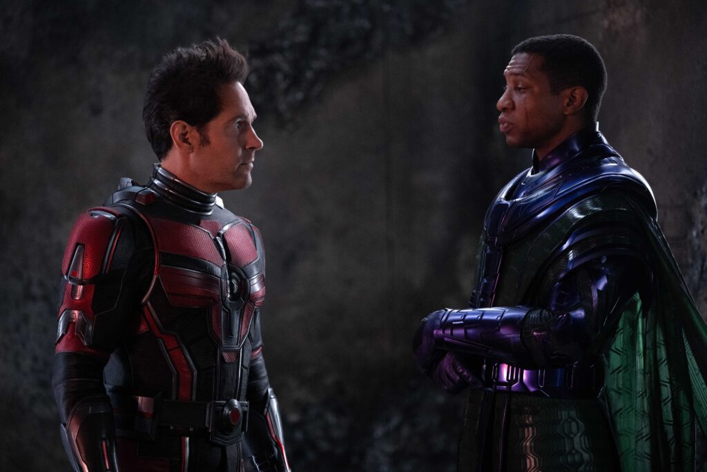 Paul Rudd as Scott Lang / Ant-Man and Jonathan Majors as Kang the Conqueror in Ant-Man and the Wasp: Quantumania