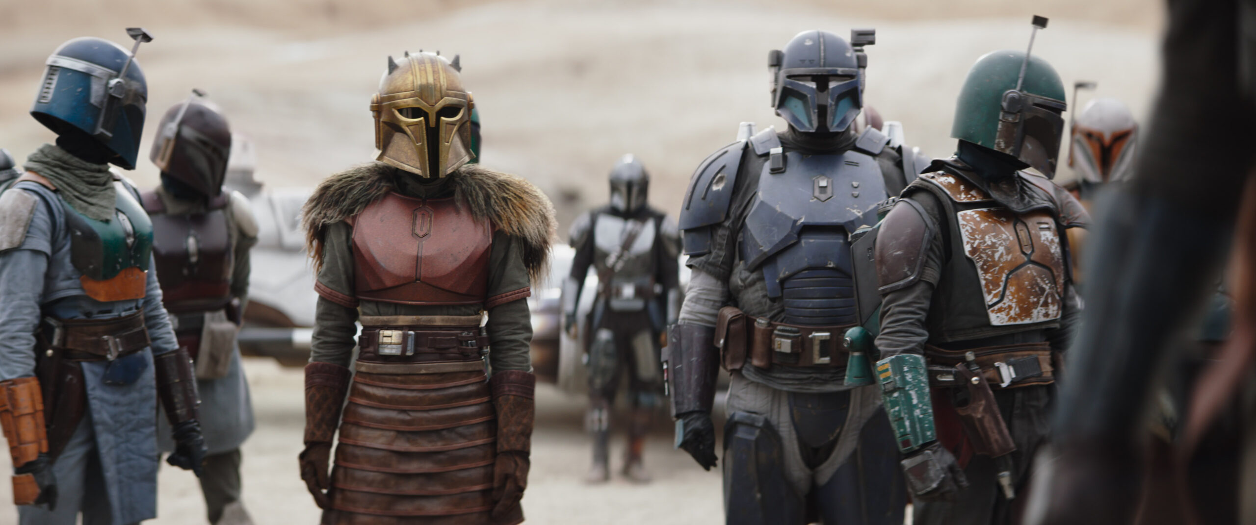 Emily Swallow as The Armorer and Tait Fletcher as Paz Vizsla in The Mandalorian season 3