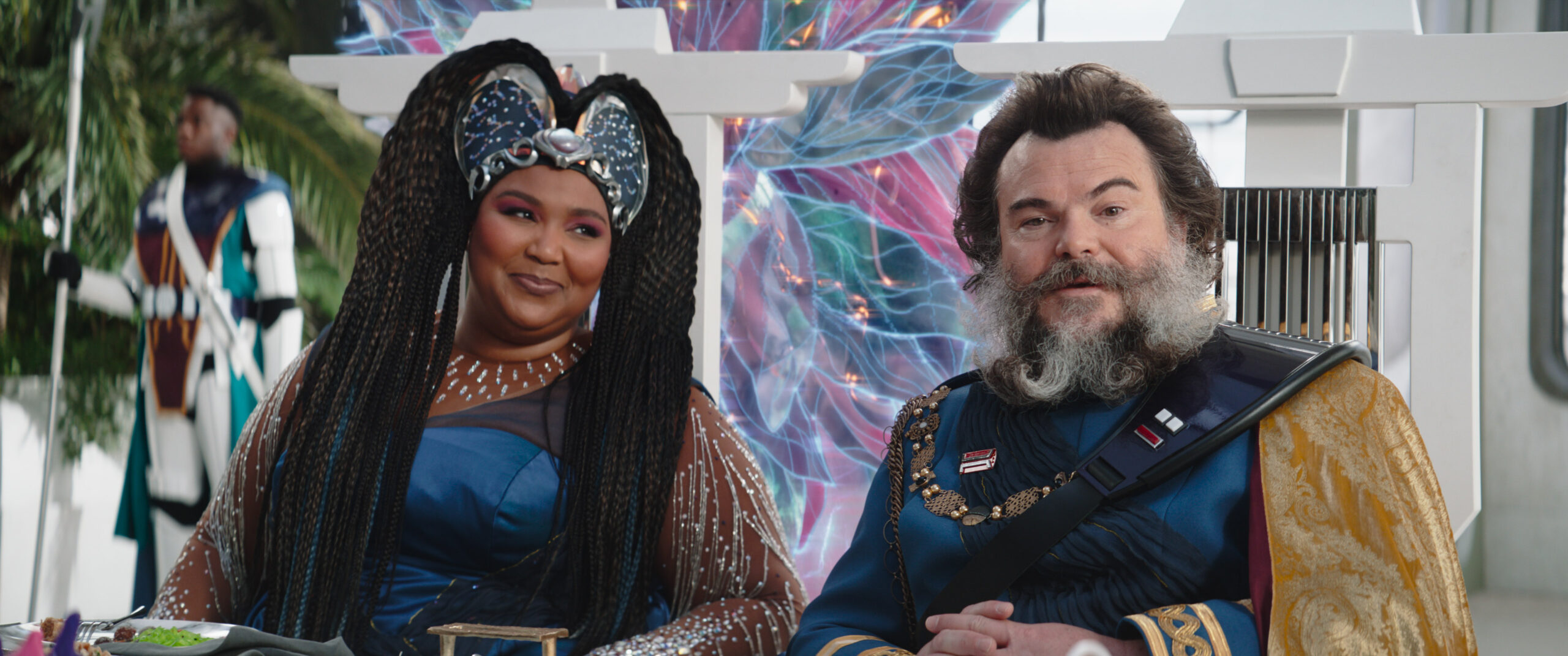 Lizzo as the Duchess of Plazir-15 and Jack Black as Captain Bombardier in The Mandalorian season 3