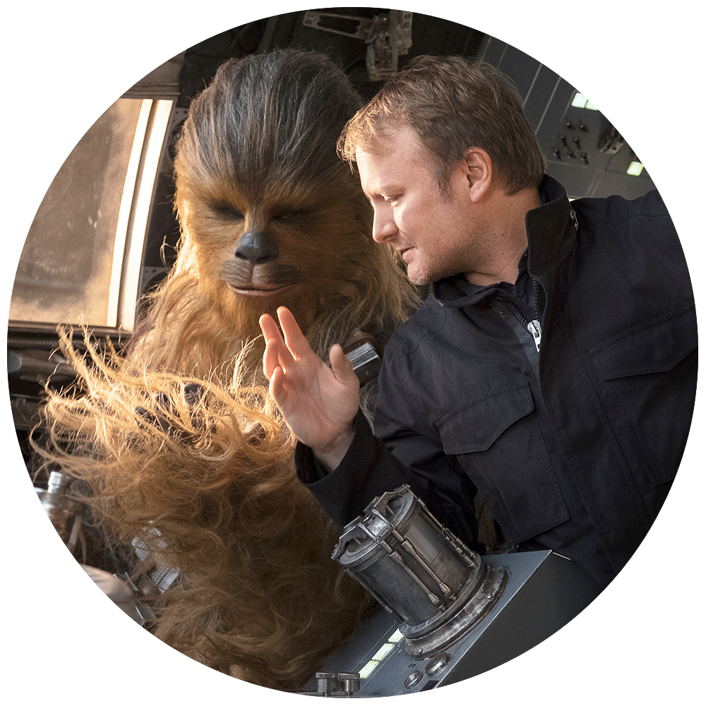 Joonas Suotamo as Chewbacca and Rian Johnson on the set of Star Wars: The Last Jedi