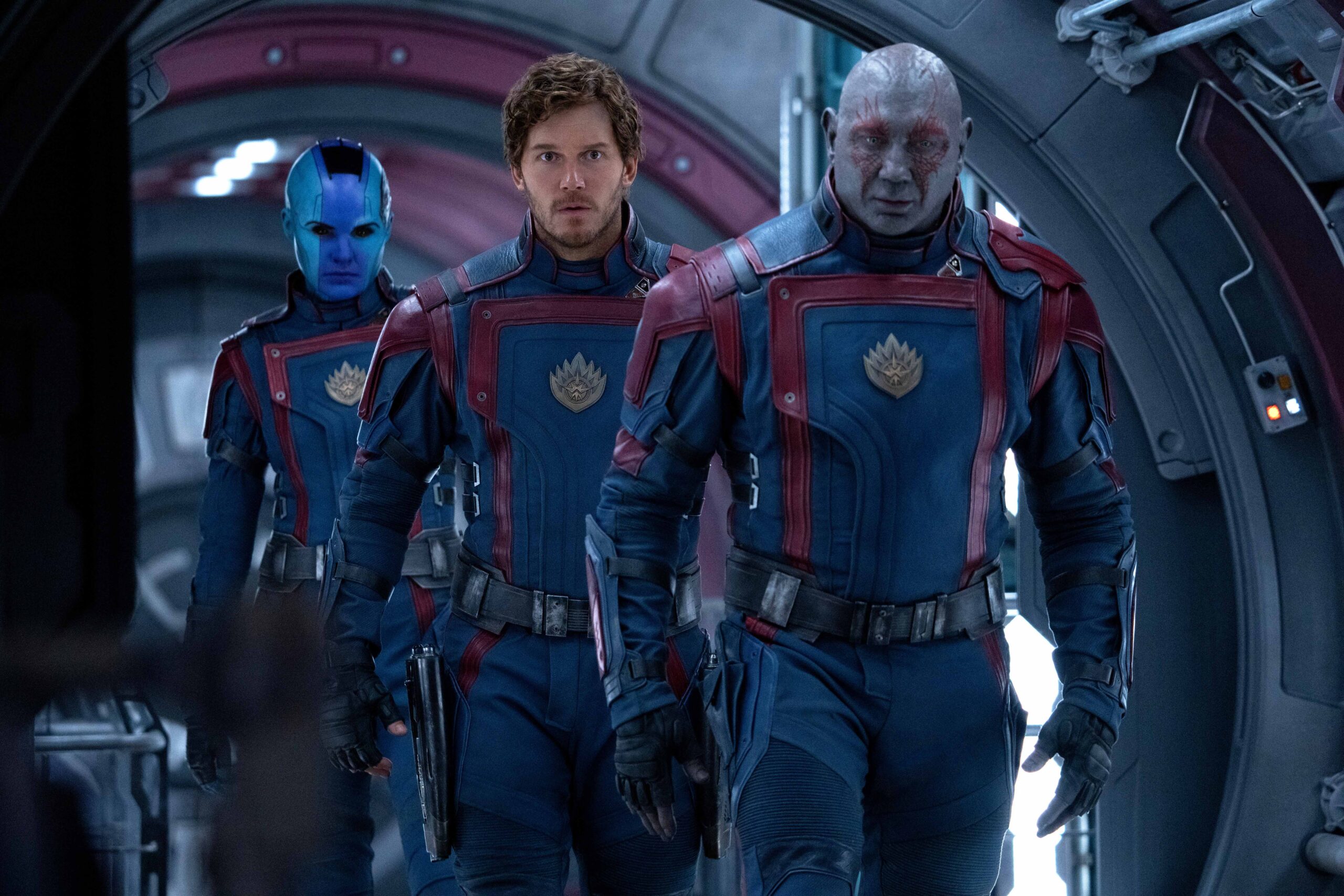 Karen Gillan as Nebula, Chris Pratt as Peter Quill, and Dave Bautista as Drax in Guardians of the Galaxy Vol. 3