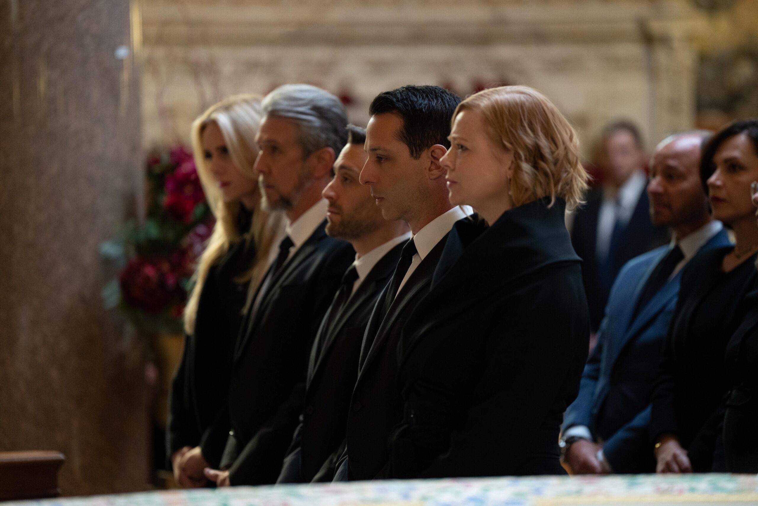 Justine Lupe as Willa Ferreyra, Alan Ruck as Connor Roy, Kieran Culkin as Roman Roy, Jeremy Strong as Kendall Roy, and Sarah Snook as Shiv Roy in Succession season 4