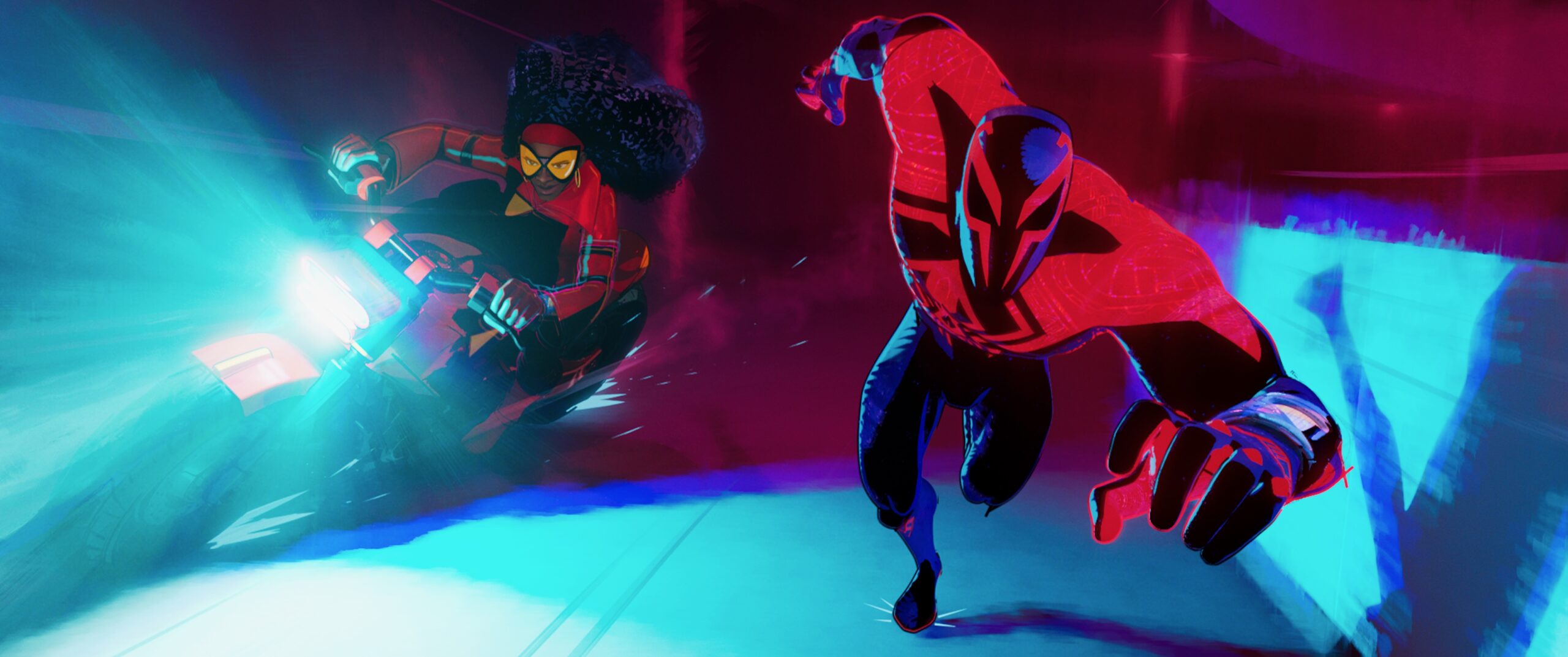Issa Rae as Jessica Drew and Oscar Isaac as Miguel O’Hara in Spider-Man: Across the Spider-Verse