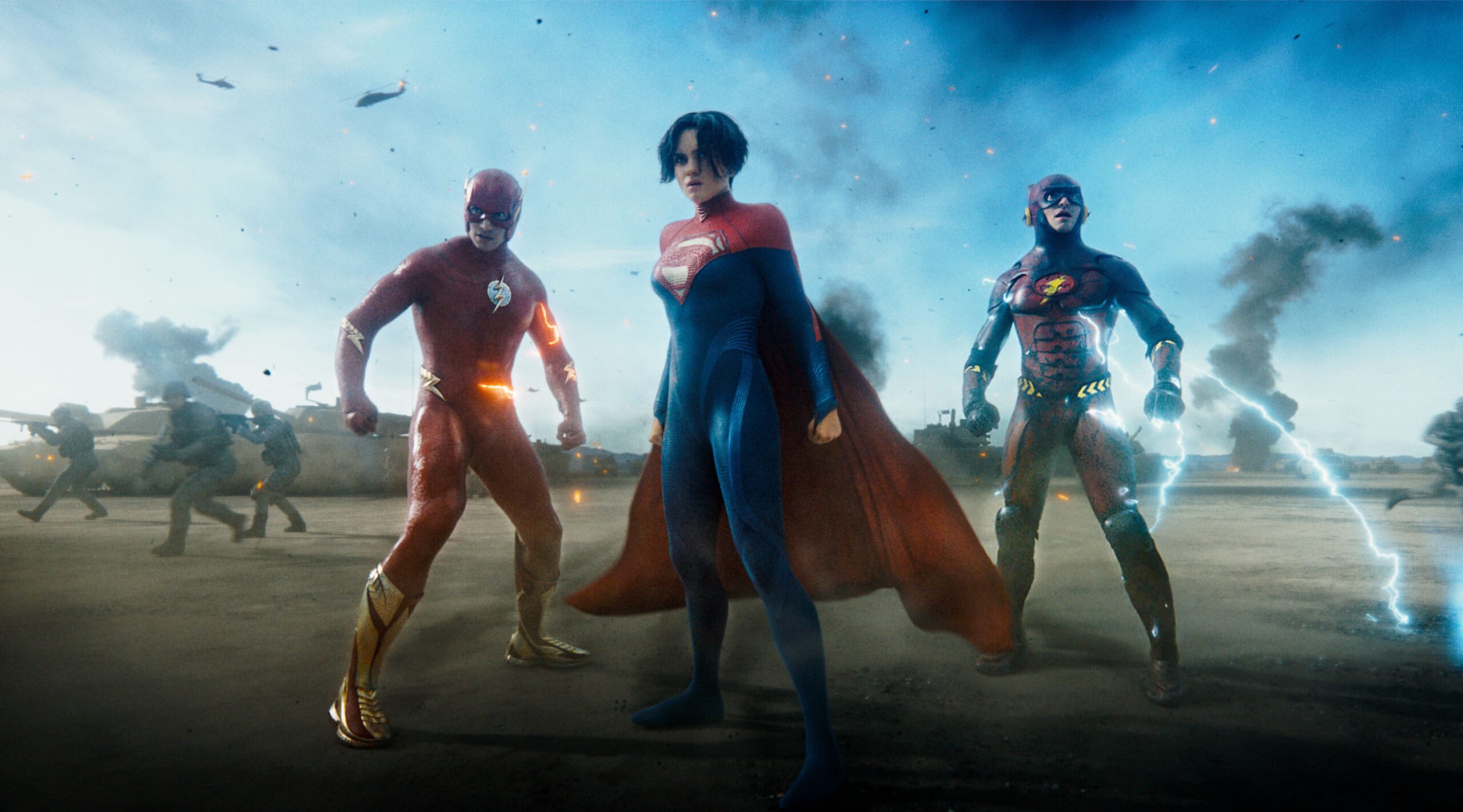 Ezra Miller as The Flash, Sasha Calle as Supergirl, and Ezra Miller as The Flash in The Flash