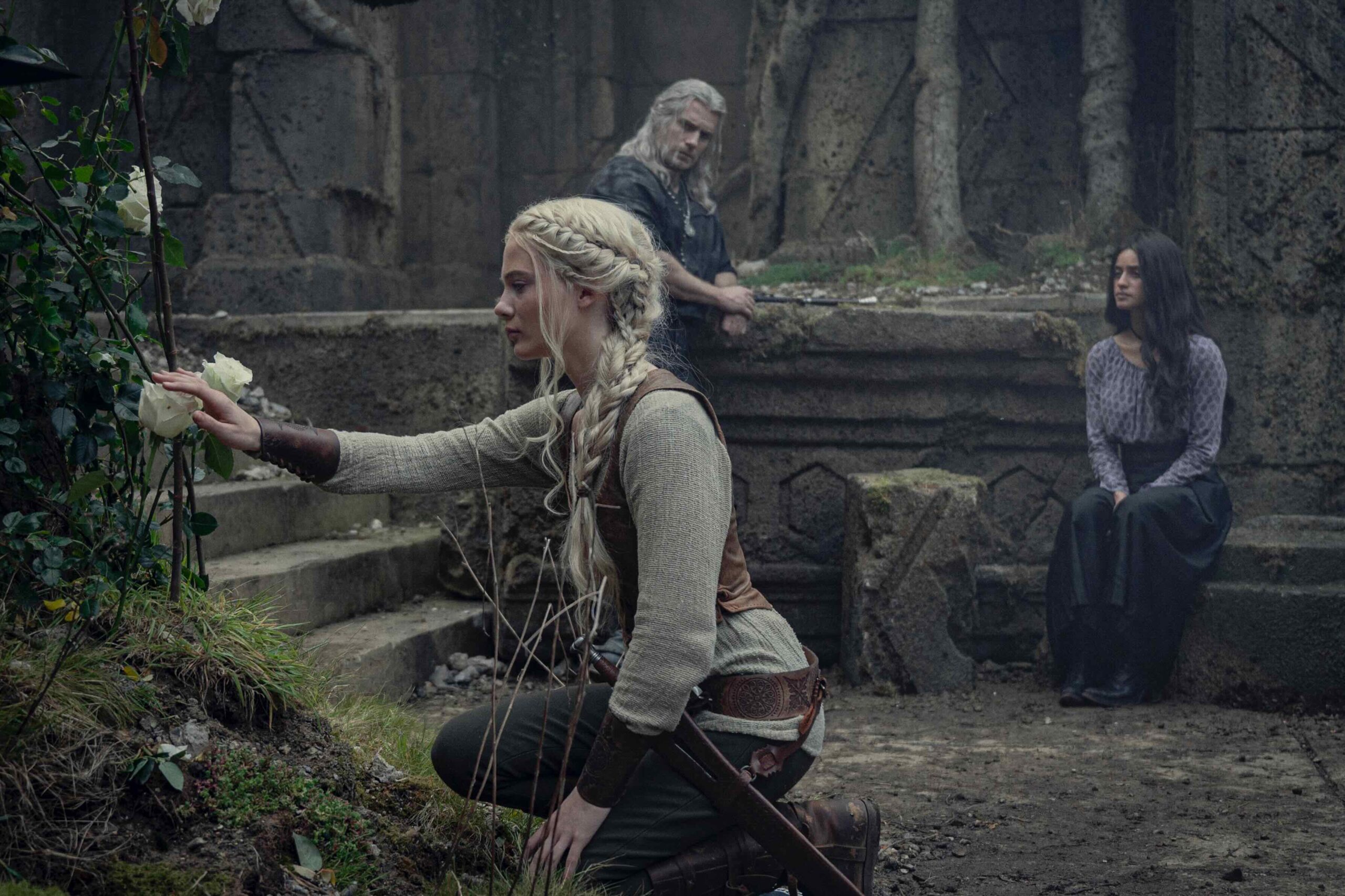Freya Allan as Ciri, Henry Cavill as Geralt, and Anya Chalotra as Yennefer in The Witcher season 3