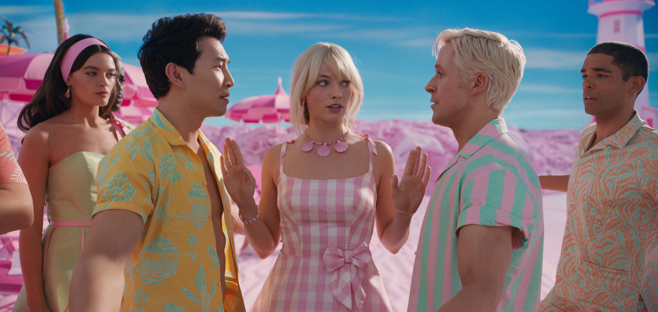 Emma Mackey as Barbie, Simu Liu as Ken, Margot Robbie as Barbie, Ryan Gosling as Ken, and Kingsley Ben-Adir as Ken in Barbie