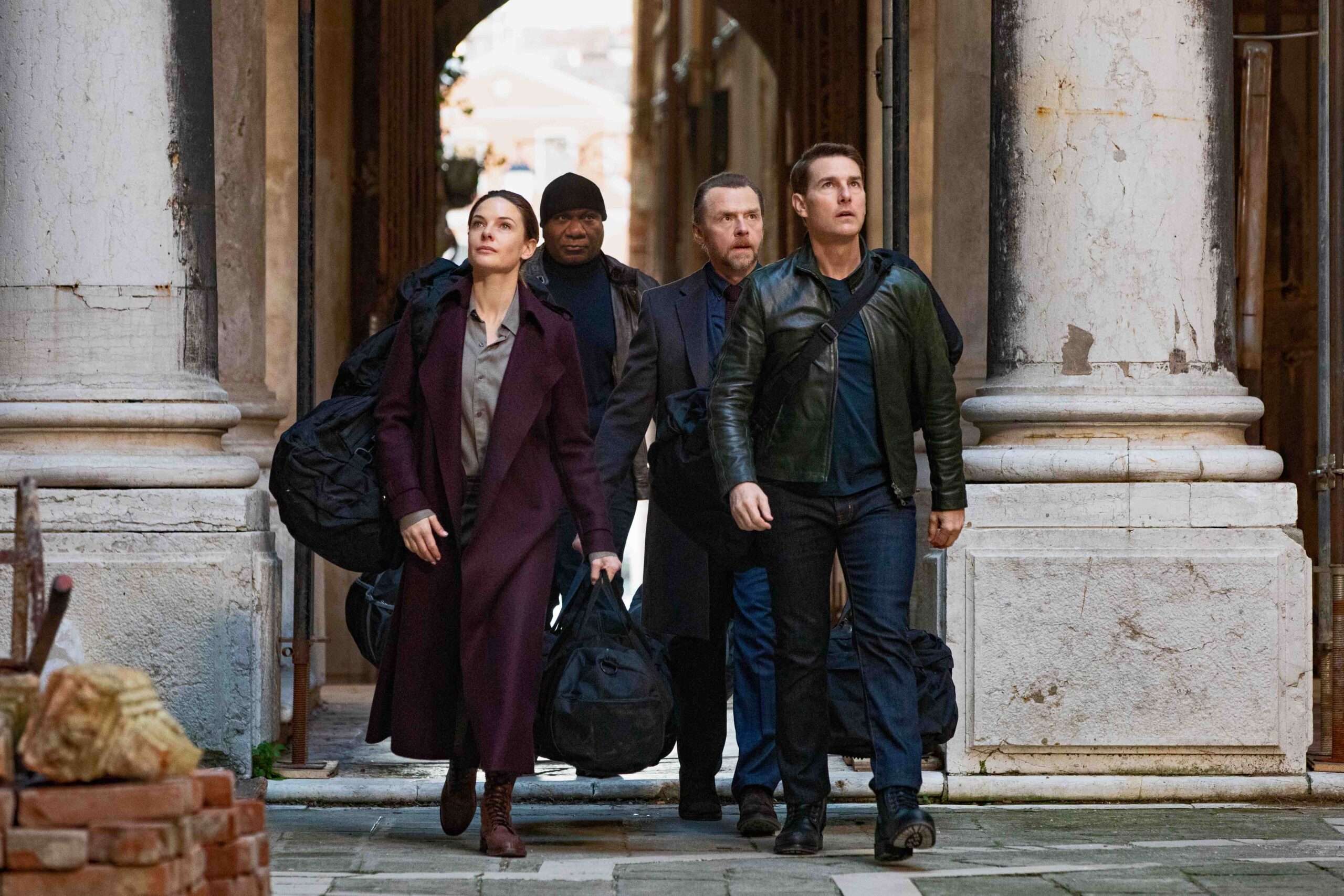 Rebecca Ferguson as Ilsa Faust, Ving Rhames as Luther Stickell, Simon Pegg as Benji Dunn, and Tom Cruise as Ethan Hunt in Mission: Impossible – Dead Reckoning Part One