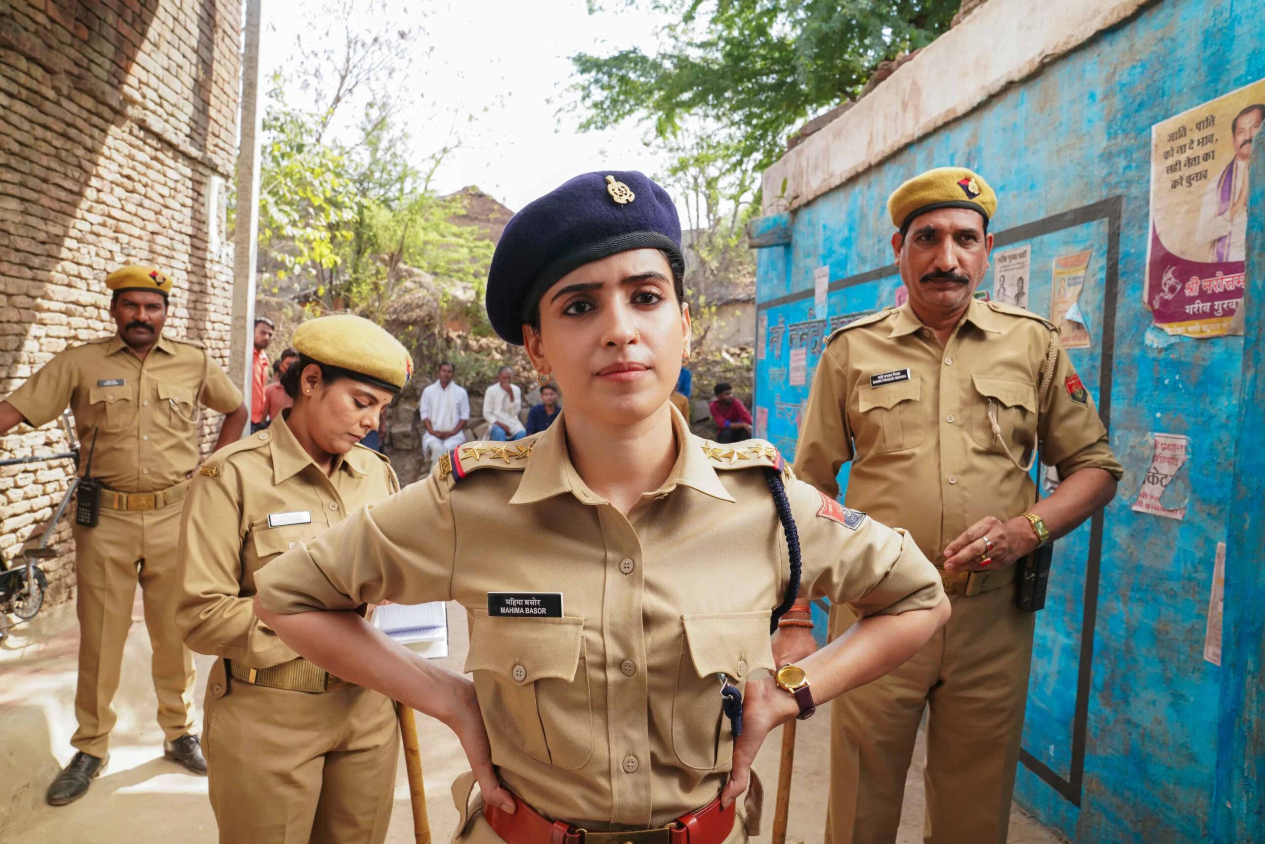 Neha Saraf, Sanya Malhotra, and Govind Pandey in Kathal - A Jackfruit Mystery