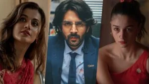 (from left to right) Taapsee Pannu in Haseen Dillruba, Kartik Aaryan in Dhamaka, and Alia Bhatt in Darlings