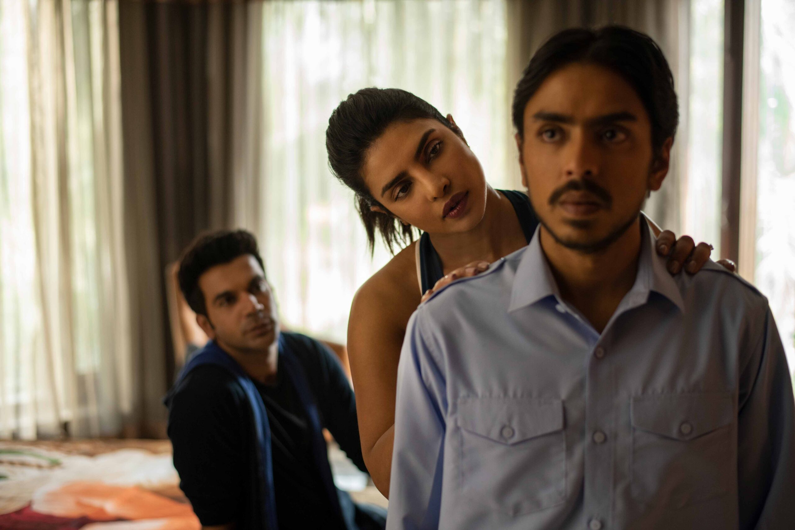 Rajkummar Rao, Priyanka Chopra Jonas, and Adarsh Gourav in The White Tiger