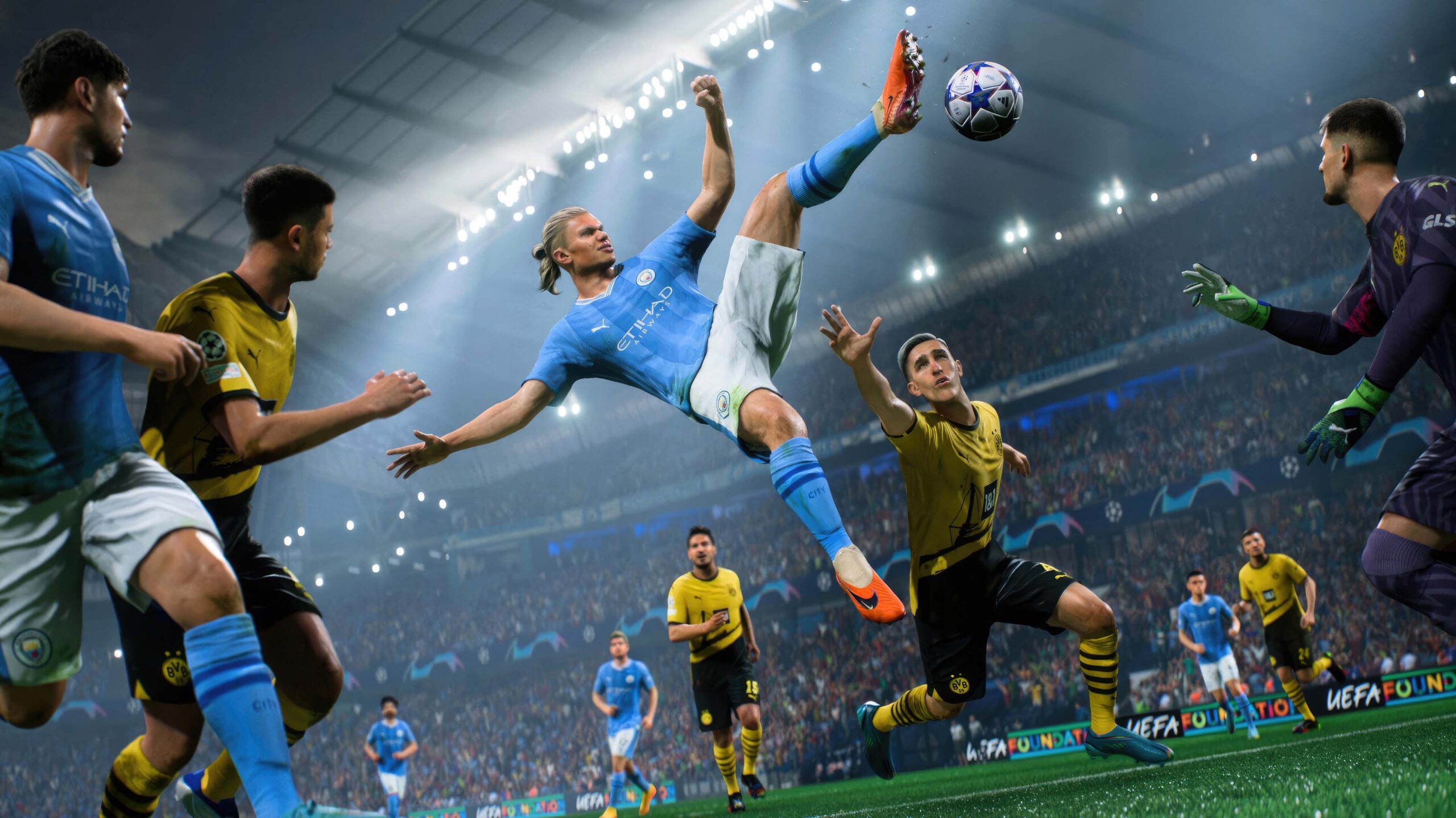 Manchester City’s Erling Haaland scores against Borussia Dortmund in EA Sports FC 24