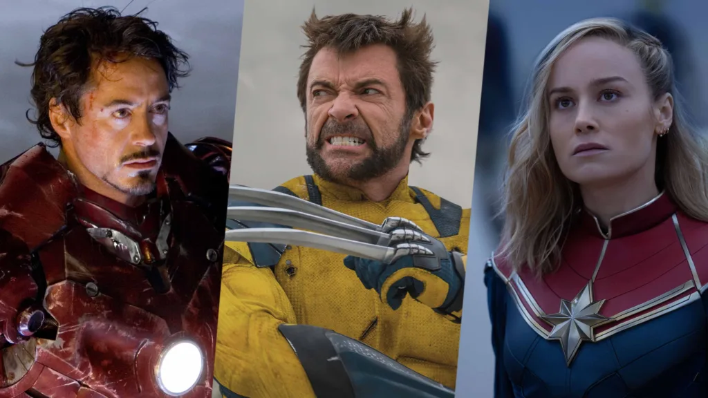 Robert Downey Jr. as Iron Man, Hugh Jackman as Wolverine, Brie Larson as Captain Marvel