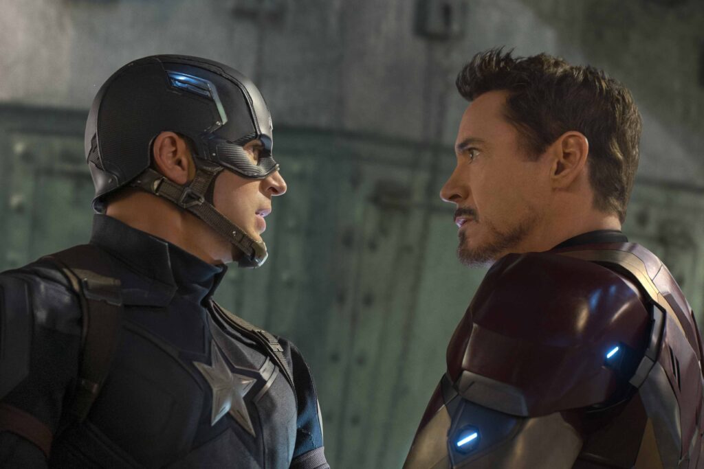 Chris Evans and Robert Downey Jr. in Captain America: Civil War (2016)