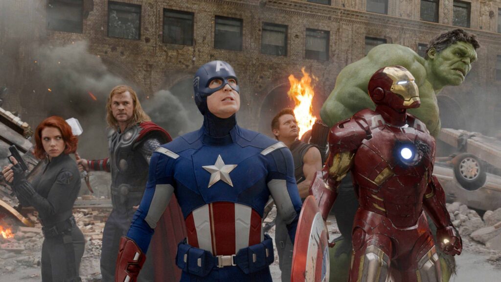 Scarlett Johansson, Chris Hemsworth, Chris Evans, Jeremy Renner, Robert Downey Jr., and Mark Ruffalo in The Avengers (2012)