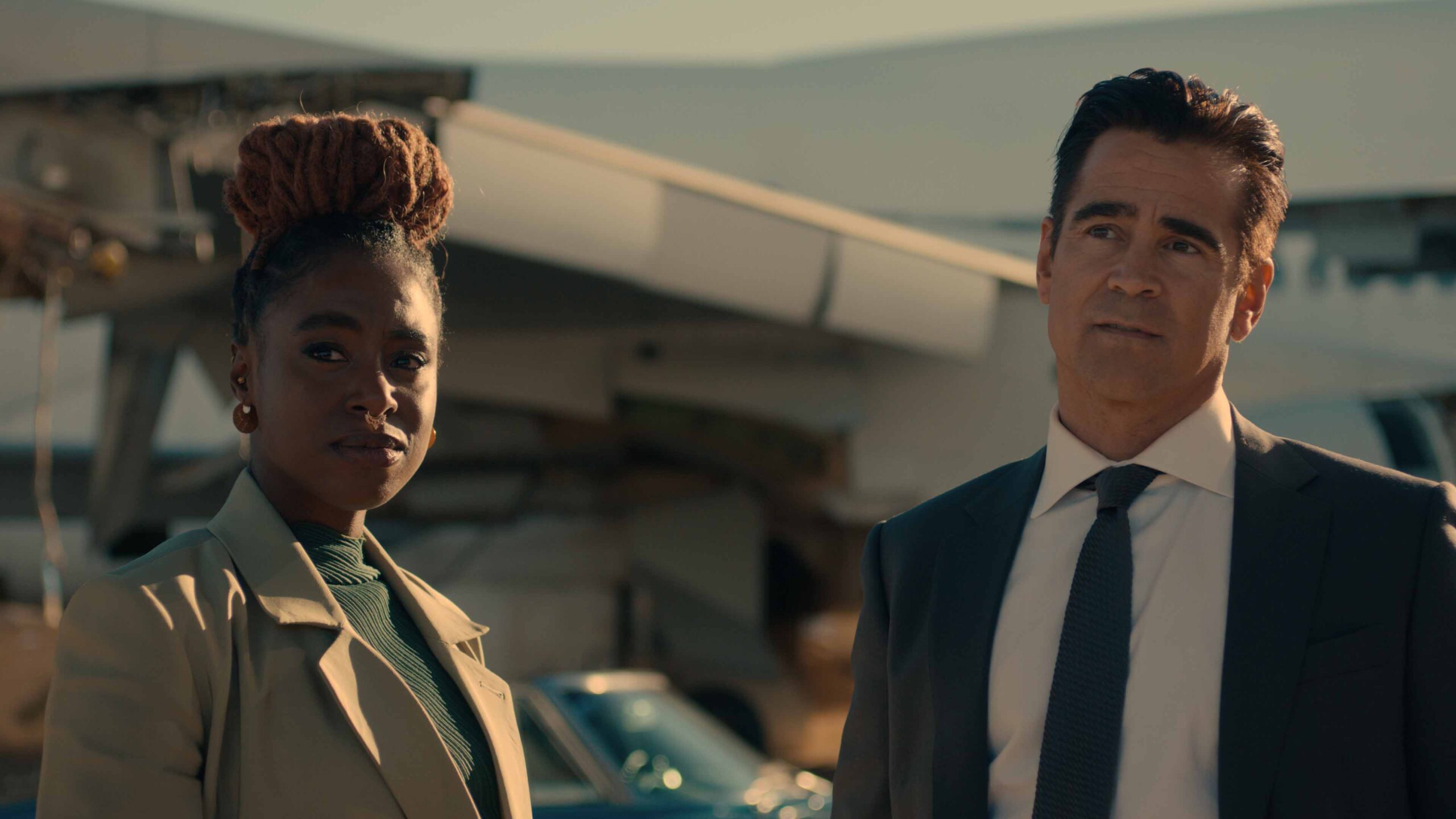 Kirby Howell-Baptiste as Ruby and Colin Farrell as John Sugar in Sugar