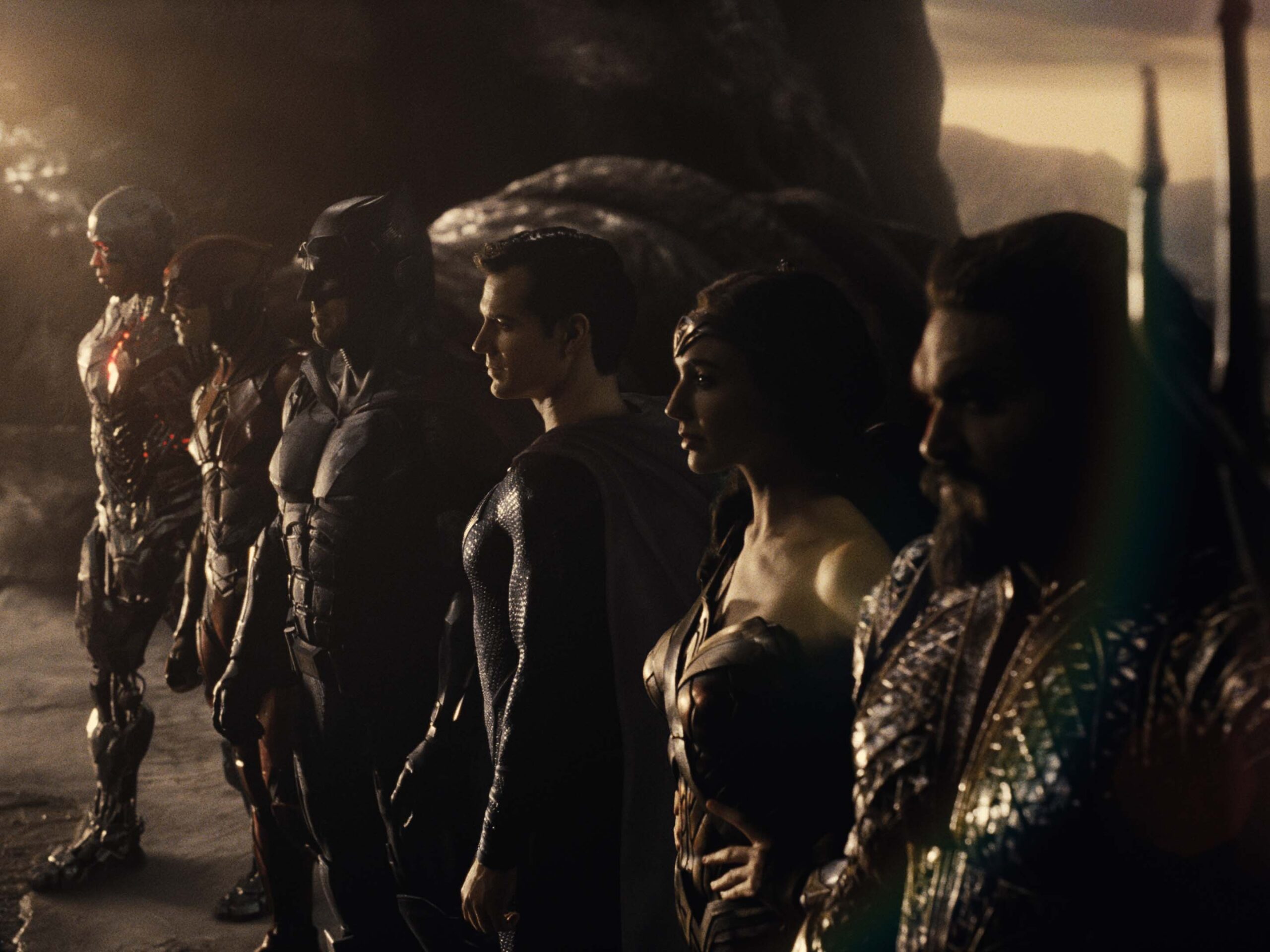 Ray Fisher as Cyborg, Ezra Miller as The Flash, Ben Affleck as Batman, Henry Cavill as Superman, Gal Gadot as Wonder Woman, and Jason Momoa as Aquaman in Zack Snyder's Justice League
