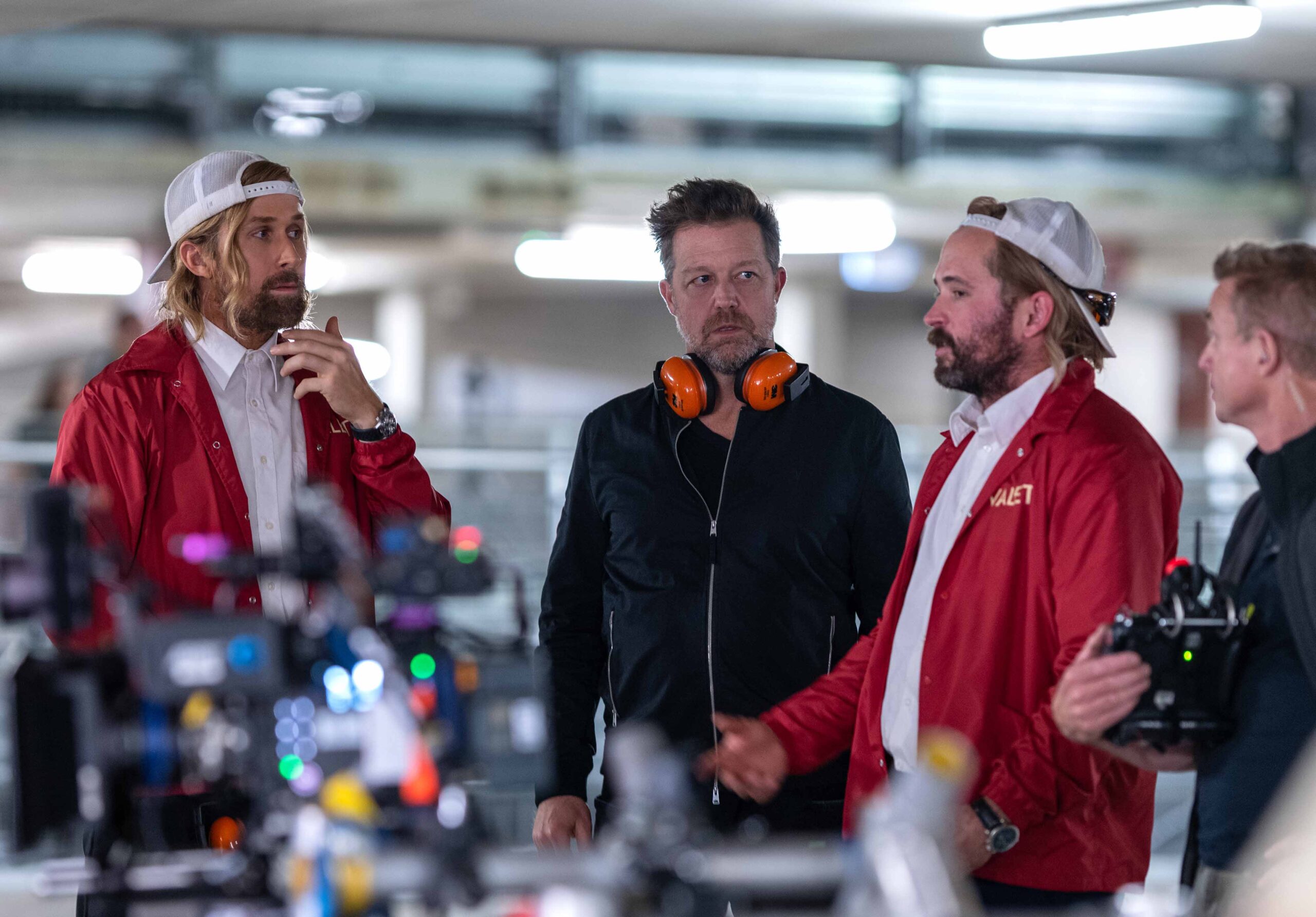 Ryan Gosling, David Leitch, and Logan Holladay on the set of The Fall Guy