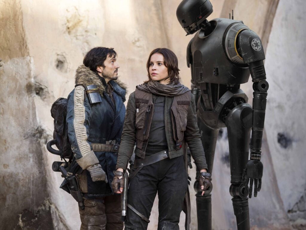 Cassian Andor, Jyn Erso, K-2SO in Rogue One: A Star Wars Story