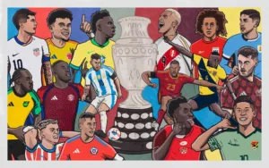 Copa America 2024 artwork with trophy and one player from the 16 teams