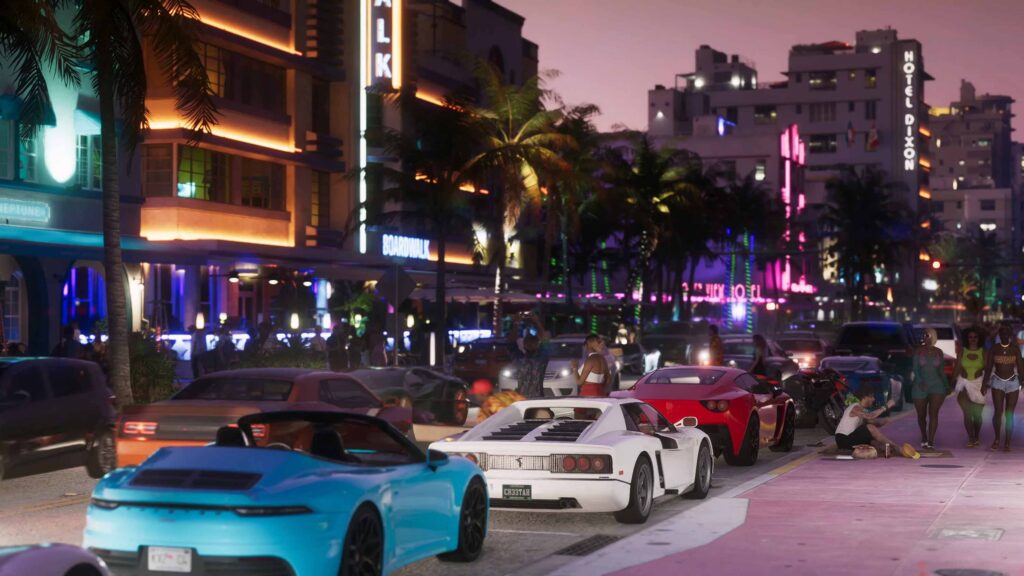 A variety of vehicles in evening Vice City from GTA 6 trailer