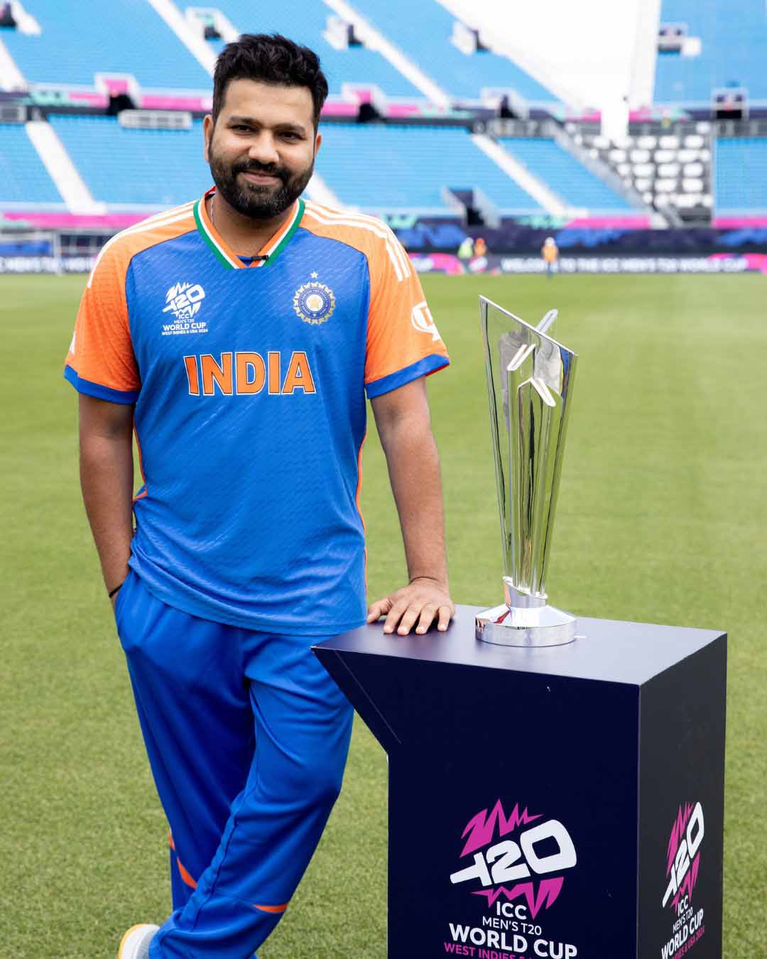 Rohit Sharma with T20 World Cup 2024 trophy at Nassau County Cricket Stadium