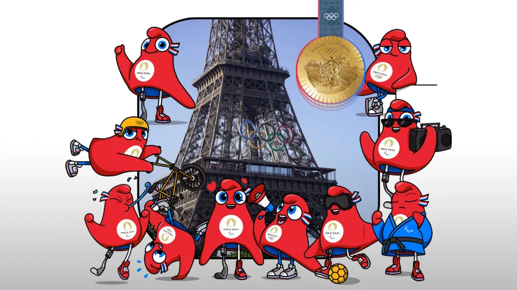 Olympics 2024 Eiffel Tower Phryges BMX breaking megaphone football judo dance gold medal