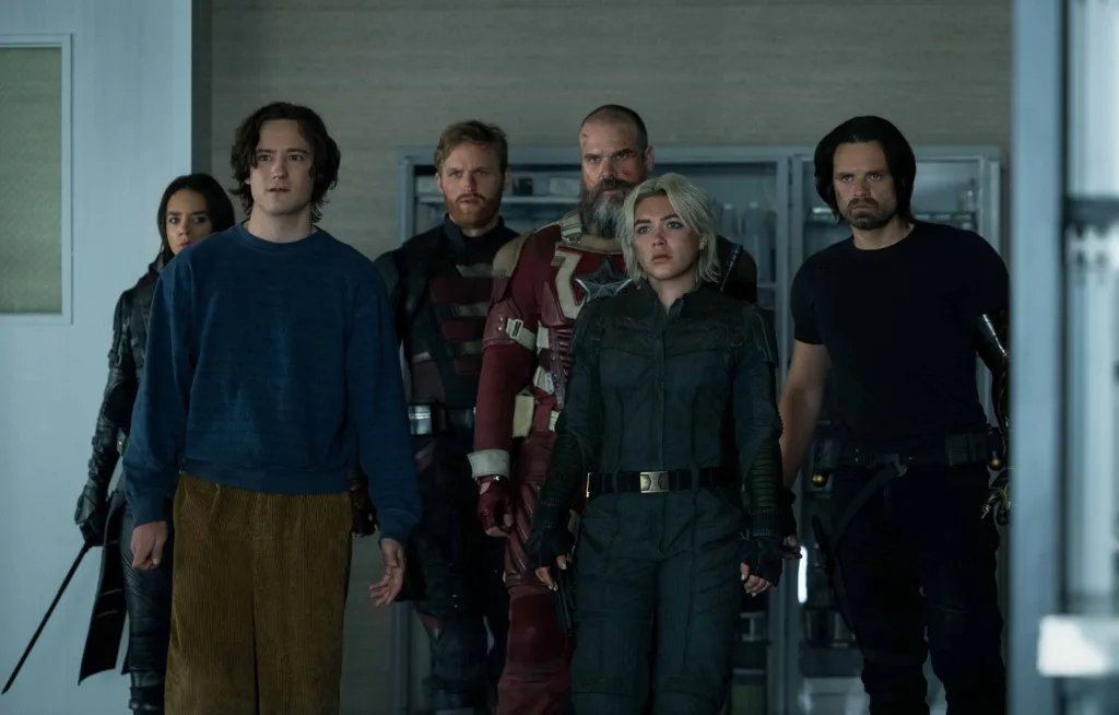 Hannah John-Kamen, Lewis Pullman, Wyatt Russell, David Harbour, Florence Pugh, and Sebastian Stan in Thunderbolts* (2025)