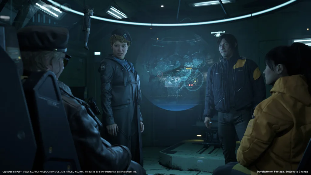 George Miller as Tarman, Léa Seydoux as Fragile, and Norman Reedus as Sam Bridges in Death Stranding 2: On the Beach